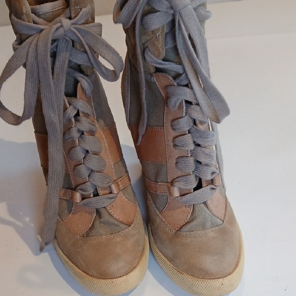 🤎 Chloé Kasia Suede Leather Canvas Tan Wedge Sneakers Size 39 Quiet Luxury - Picture 15 of 16
